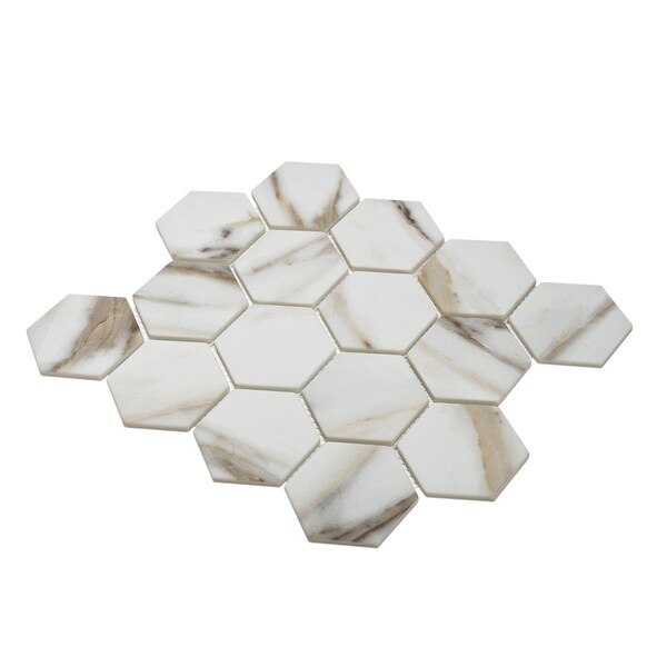 Sample, Beige&White 2 Hexagon 10.2X11.7 Recycled Glass Mosaic Tile